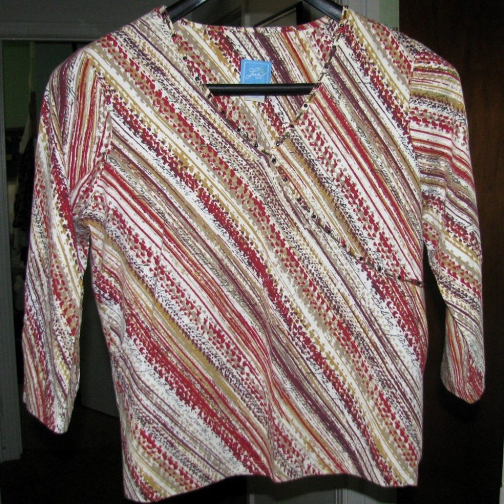 Rust Tan Brown Wine & Cream Cotton Spandex Top Lara Size L